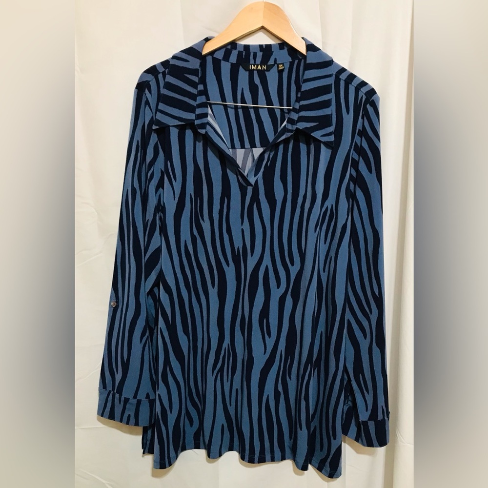 IMAN Size 3X Blue and Black Zebra Print Long Sleeve Blouse Top Tunic